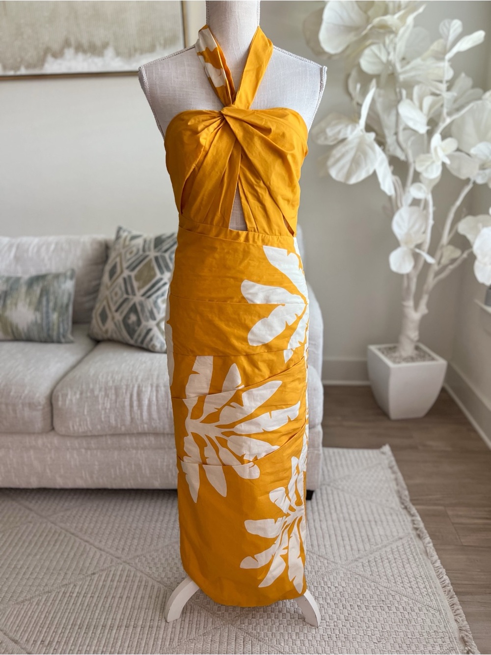 Johanna Ortiz Chiricahua Printed Cotton Poplin Mustard Yellow Halter Dress 2 - Picture 2 of 9